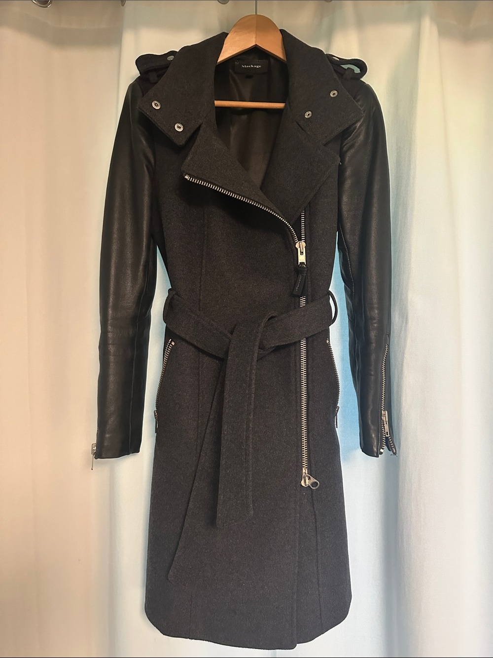 Mackage Dark Grey Wool Trench Coat with Black Leather Sleeves